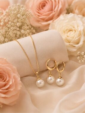 Gold Pearl Drop Necklace and Earring Set - Elegant White Pearls
